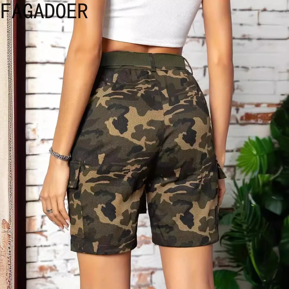 FAGADOER-Short cargo imprimé CamSolomon pour femme, taille haute, bouton, slim, mode sportive, avec ceinture, nouvelle collection été