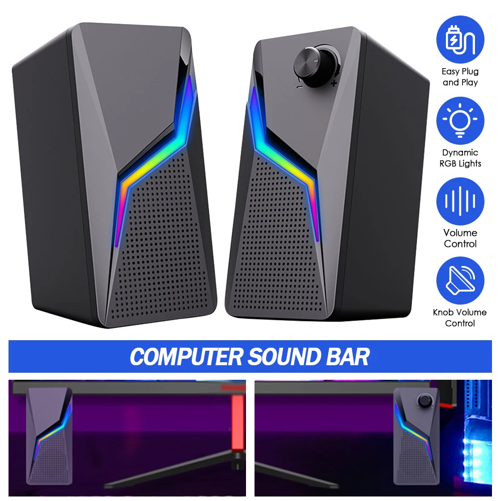 

Сабвуфер 9D, компьютерные динамики с RGB подсветкой, 360 °, стерео, USB-динамик, звуковая панель для настольных ПК, ноутбуков, телефонов