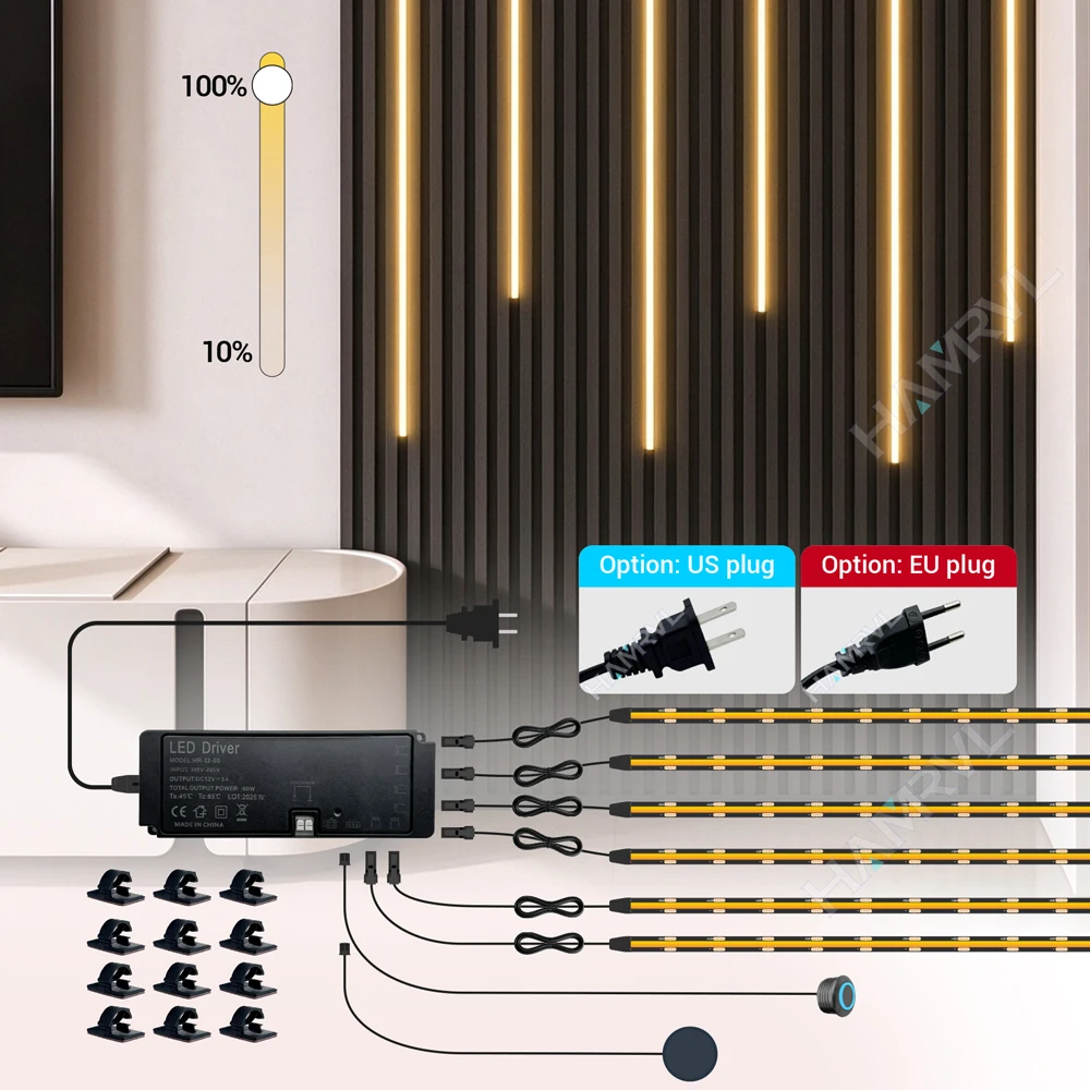 Self-Adhesive Black PCB COB LED Strip Light Acoustic Wood Wall Panel Deco Embeded Lighting Dual Touch Dimmer Switch Cabinet Lamp