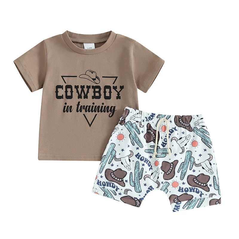 

2Pcs Baby Boy Western Clothes Short Sleeve Cowboy Hat Print Tops Shorts Set Toddler Outfits