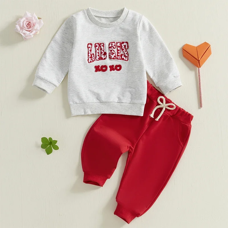 Toddler Baby Girl Valentines Day Outfits  Letter Embroidery Long Sleeve Sweatshirt Solid Pants Newborn Clothes Set