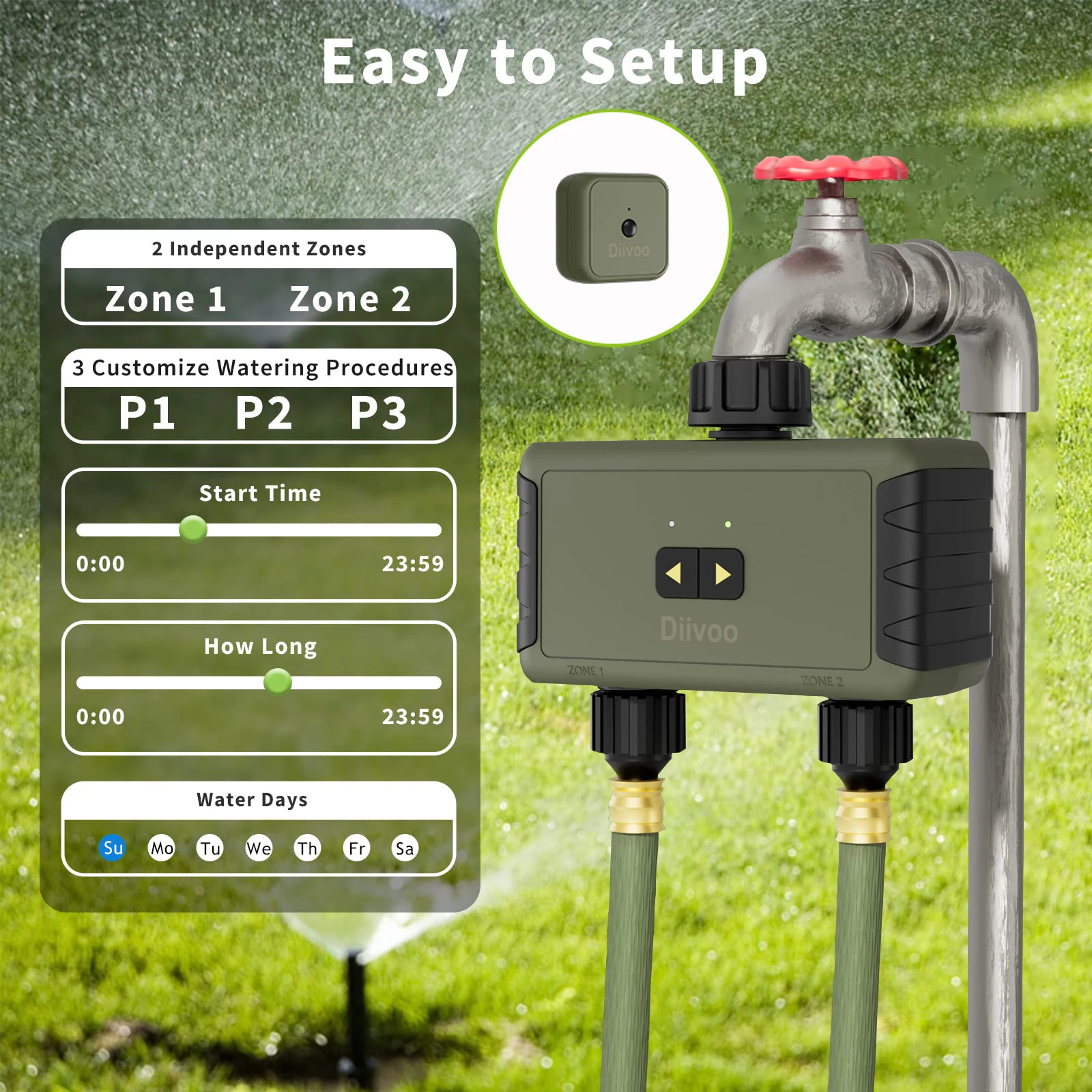 

Diivoo WiFi Sprinkler Timer 1/2 Zone, Remote Control Drip Irrigation Timer with Wi-Fi Hub, Automatic Manual Watering for Garden