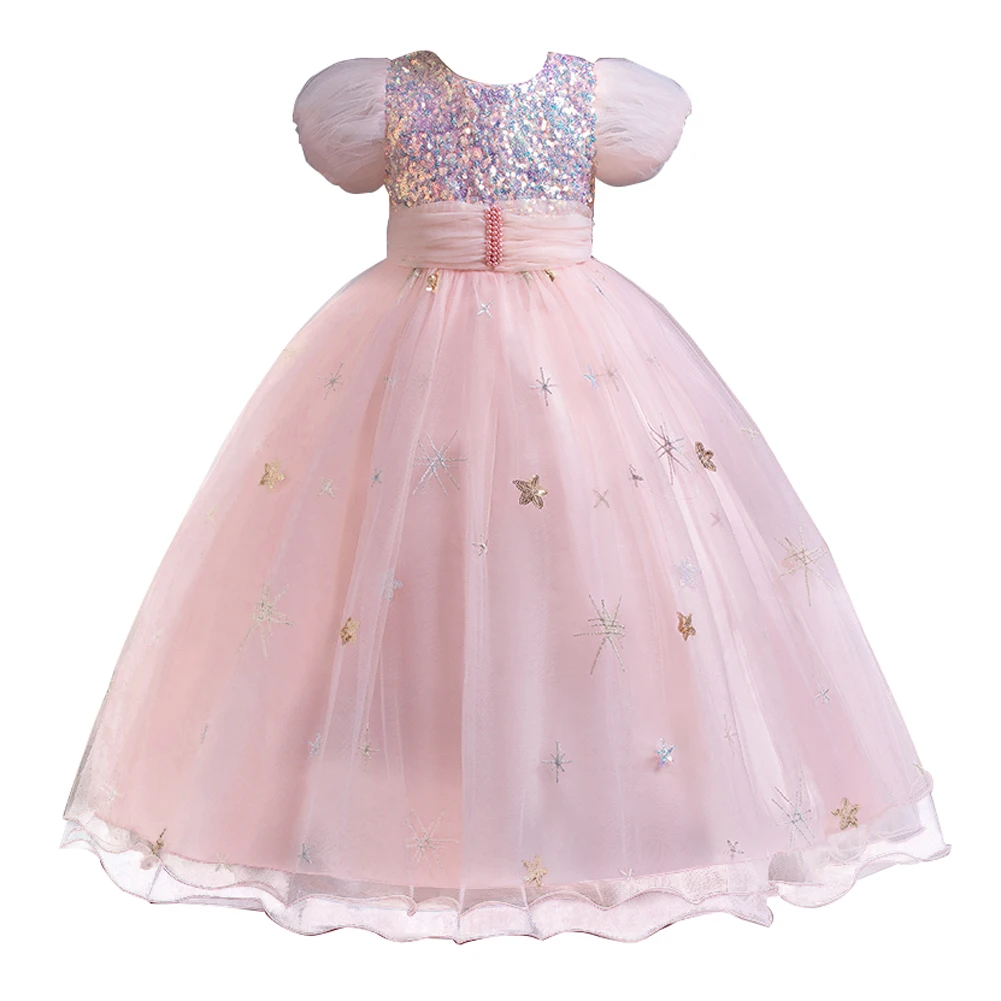 Pink fluffy children's bubble sleeve long dress suitable for party wear girl sequin princess dress