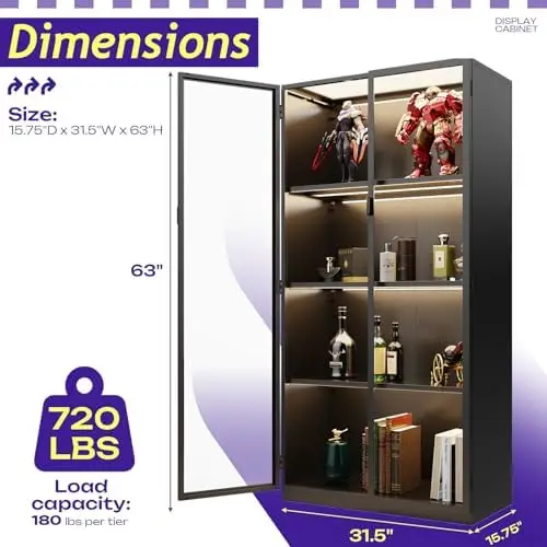 Display Cabinet with Glass Doors, 4-Tier Curio Cabinet with 3 Color Lights,Glass Display Case for Collectibles with