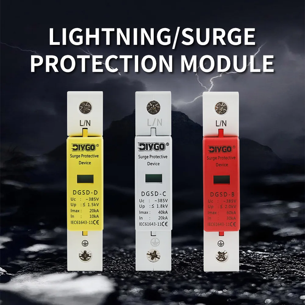 AC SPD 1P 20KA 40KA 60KA Din Rail House Surge Protector Protection Protective Low-voltage Arrester Device 385V 1P+N 18mm