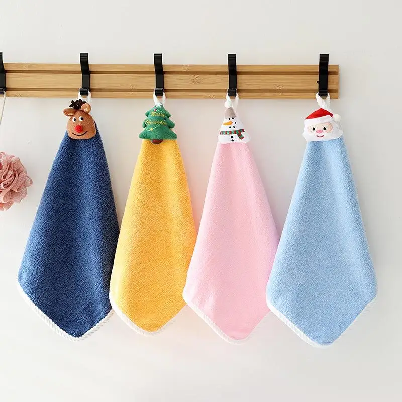 Kids Christmas Velvet Hand Towel with Cartoon Elk Snowman Santa Claus Xmas Tree Design Bathroom Hanging Towel Adsorption Cloth