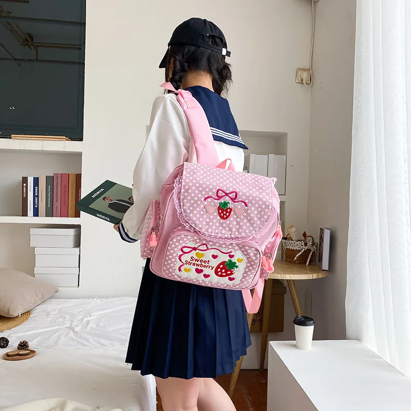 Kawaii Kids School Bag Cute Strawberry Embroidery Dots Student Mochila Multi-Pocket Nylon Fashion Backpack for Teenager Girl