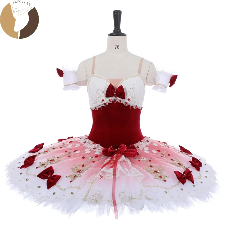 

FLTOTURE New Arrival 12 Layers Professional Lovely Red Pancake Tutu Skirt Ballet Variation Chipollina Performance Costumes 011