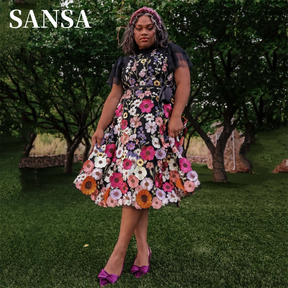 

Sansa Black High Neck فساتين السهرة Gothic Floral Short A-line فساتين للحفلات الراقصة Fairy Flower Embroid Vestidos De Noche