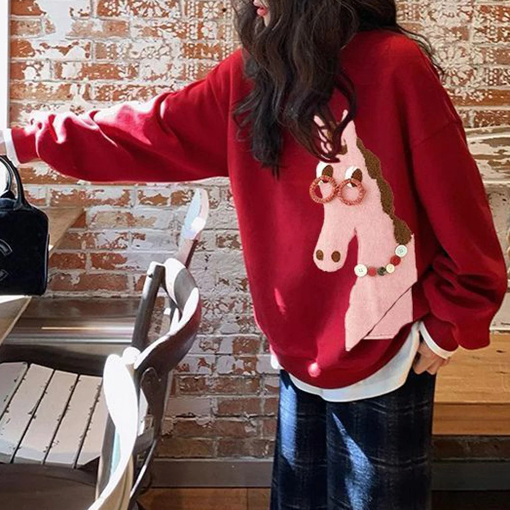 2026 New Natal  Red Year Horse, Crew Neck Sweatshirt, Women's Loose Slimming, Collegiate Style, Versatile Plush Top Clothes