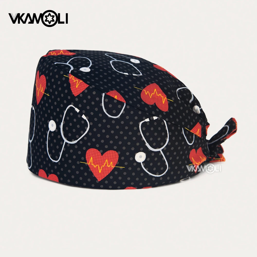 Medical pattern printed surgical cap with heart beating Scrubs hat Clinic Hospital Doctor Hat for men and women Scrubs Cap