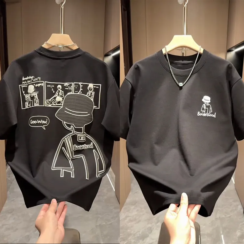 2026 Summer New Men's Korean Style Illustration Print Loose Casual Versatile White Blue Black Round Neck Short Sleeve T-Shirt