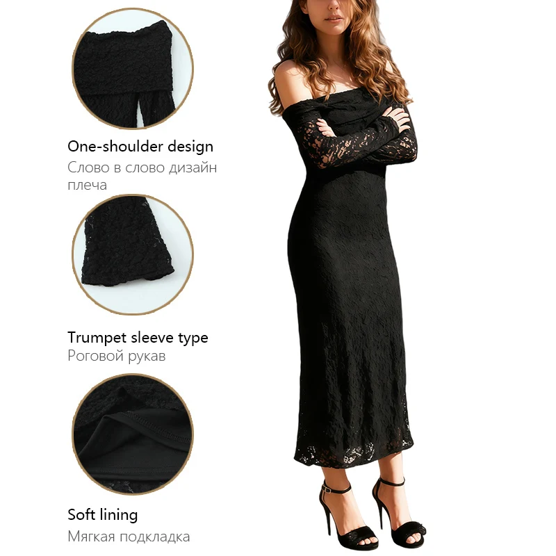 Vestido de mujer de encaje sin tirantes de manga larga con hombros descubiertos vestido largo elegante adecuado para fiestas y fechas Trafizaran
