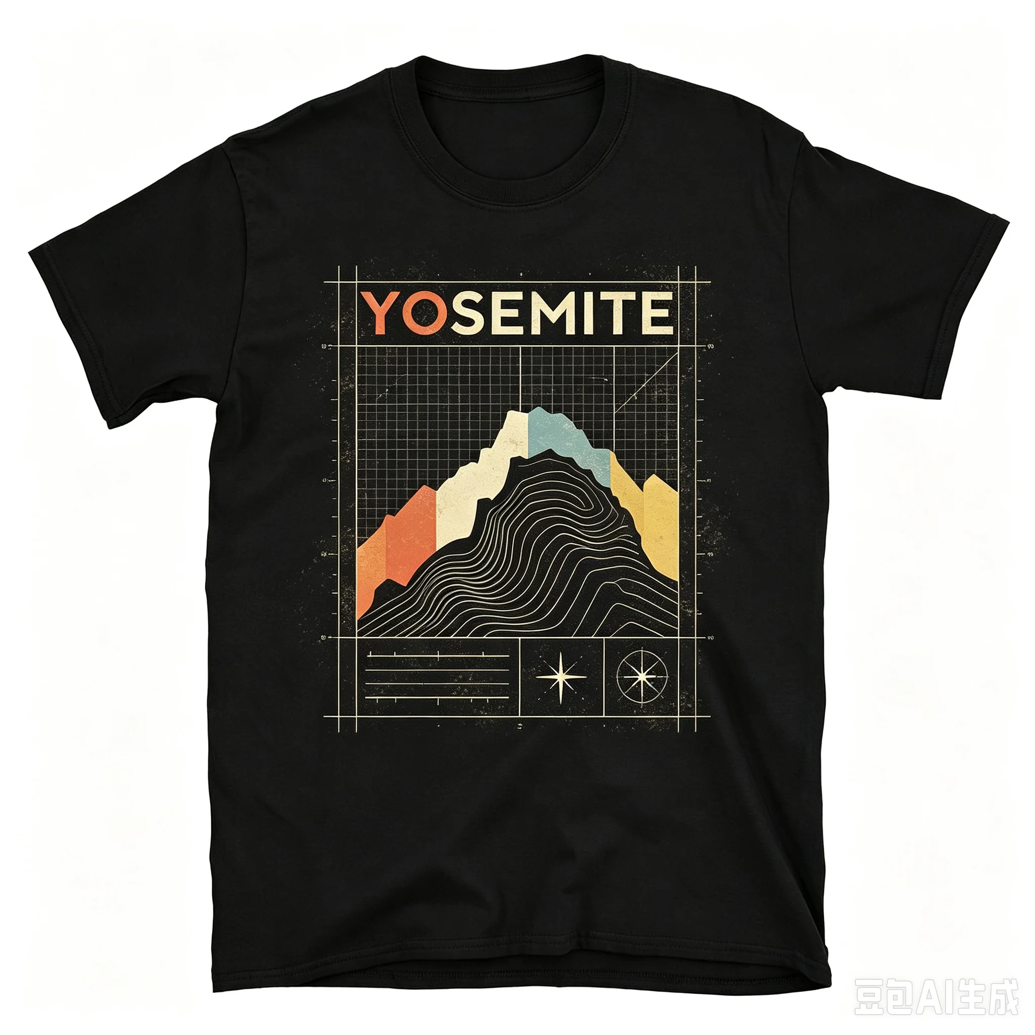 Men Outdoor Hiking T‑Shirt Yosemite Retro Contour Map Mountain Graphic Print Casual Crew Neck Short Sleeve Tops