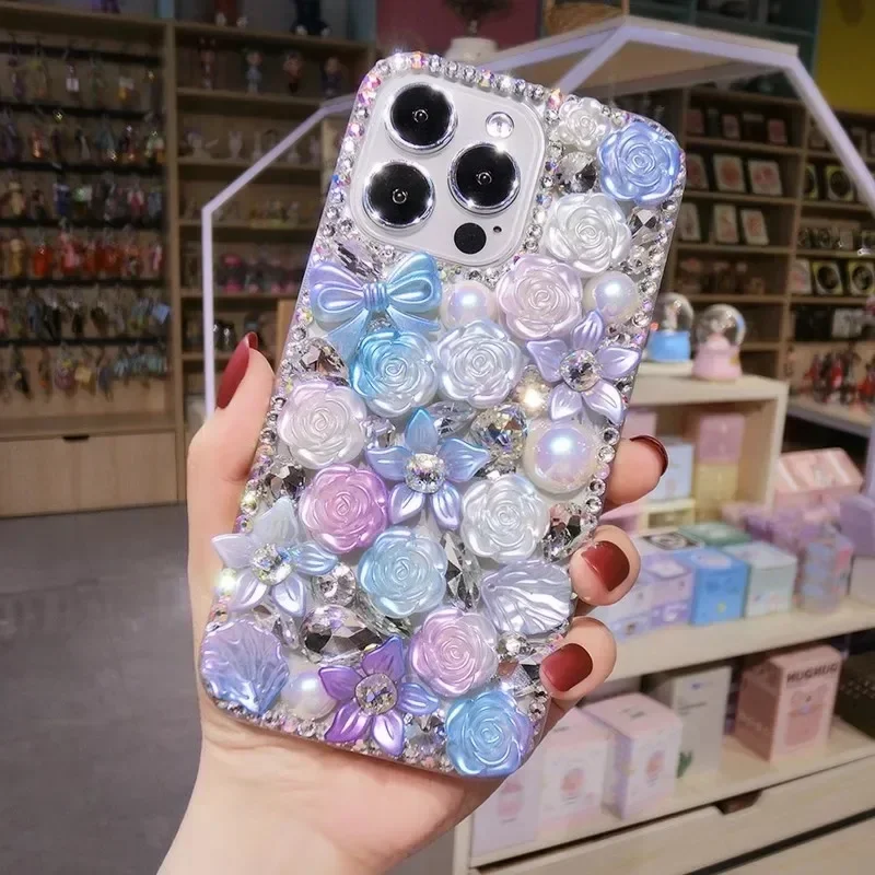 Jewelled Rhinestone Phone Cover with Baroque Flowers, Luxury Diamonds for Huawei P50 P60 Pro Mate50 60 Honor80 90 100 Pro viv