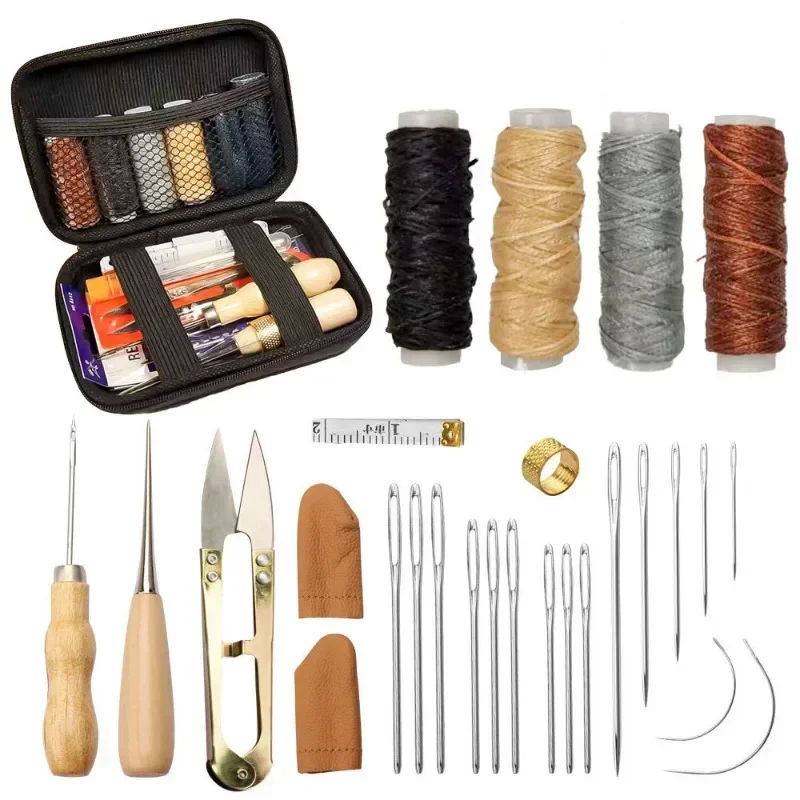 Leather Sewing Tools Kit With Waxed Thread And Needles Awl Professional DIY Leather Handmade Craft Accessories Set