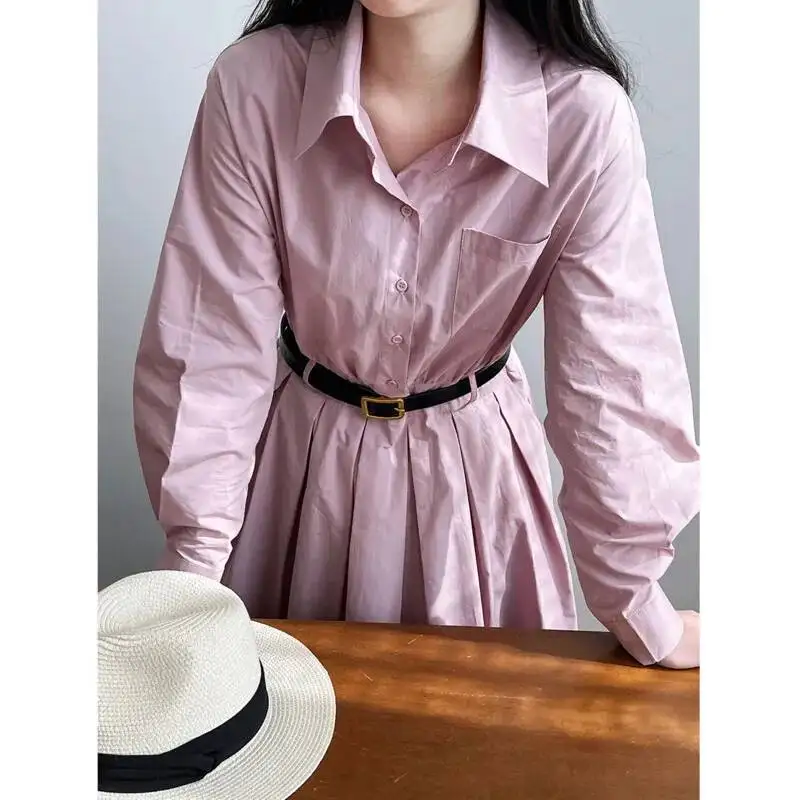 ผู้หญิงเสื้อโปโลคอปกชุดฤดูใบไม้ผลิแขนยาวผ้าฝ้ายเอวสูงจีบกระเป๋า Midi ชุดกับเข็มขัด