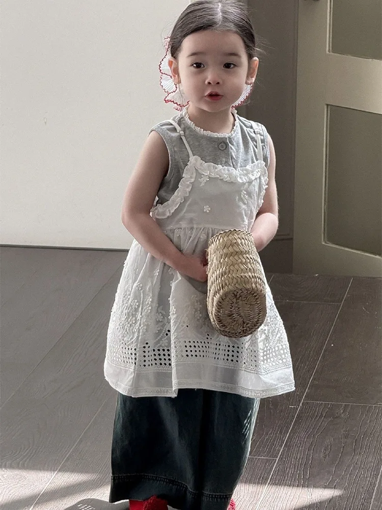 

Girls2025Summer New Lace Collar Camisole Floral Strap Dress Versatile Wide-Leg Pants Three-Piece Set Trendy