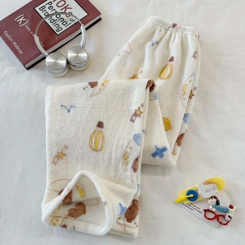 Winter Cartoon Coral Fleece Warm Women's Sleeping Pants, Comfortable and Cute Girls' Home Pants, Loose and Soft Plush Pants