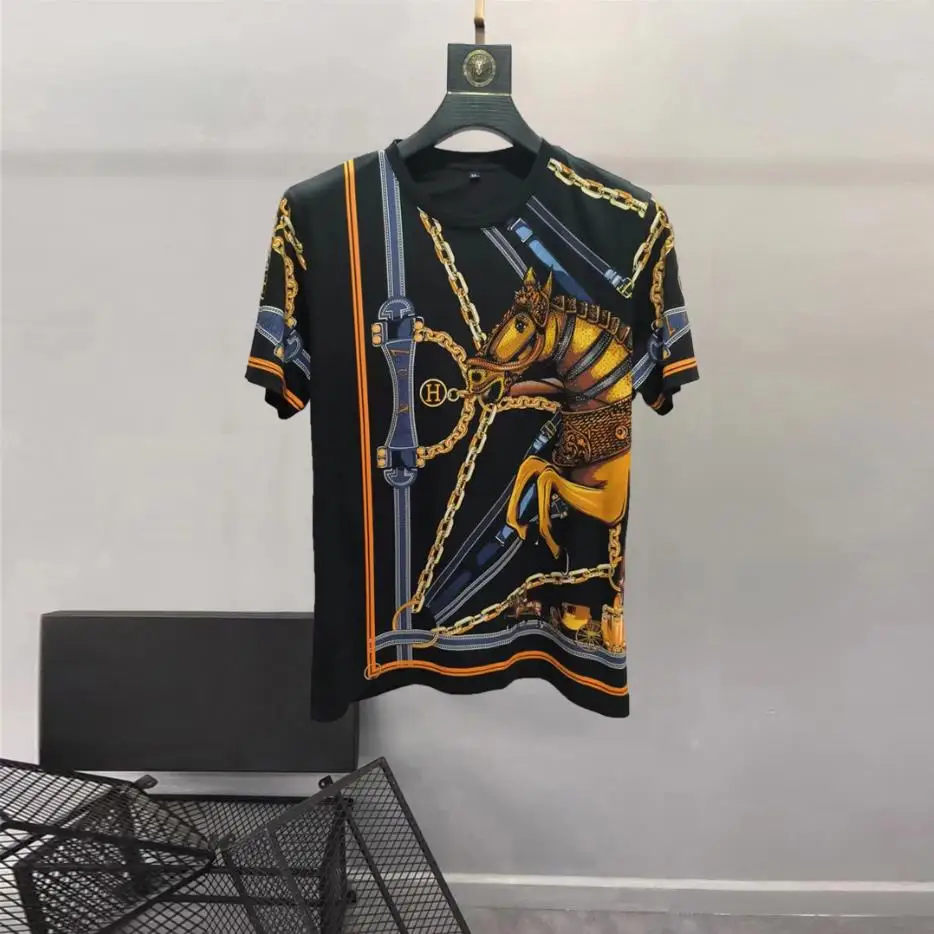 European and American men's 2023 summer new Round neck and short sleeves fashion Chain horse hot drill print T-shirt