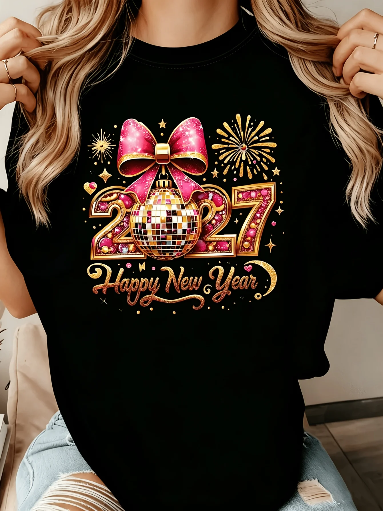 New Year T Shirt Happy New Year 2027 Glitter Bow Firework Disco Ball Letter Print Casual Short Sleeve for Women Holiday Top