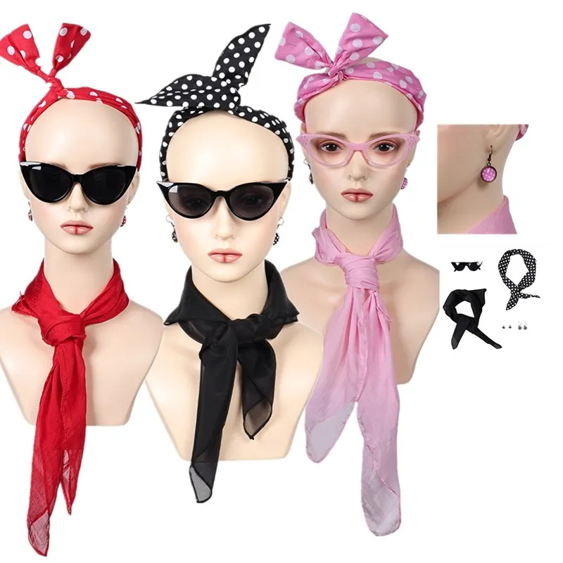 Pink Ladies Headband 1950s Grease Cosplay Glasses Earrings Scarf Costume Accessroies Retro Women Fantasia Masquerade Props Gifts