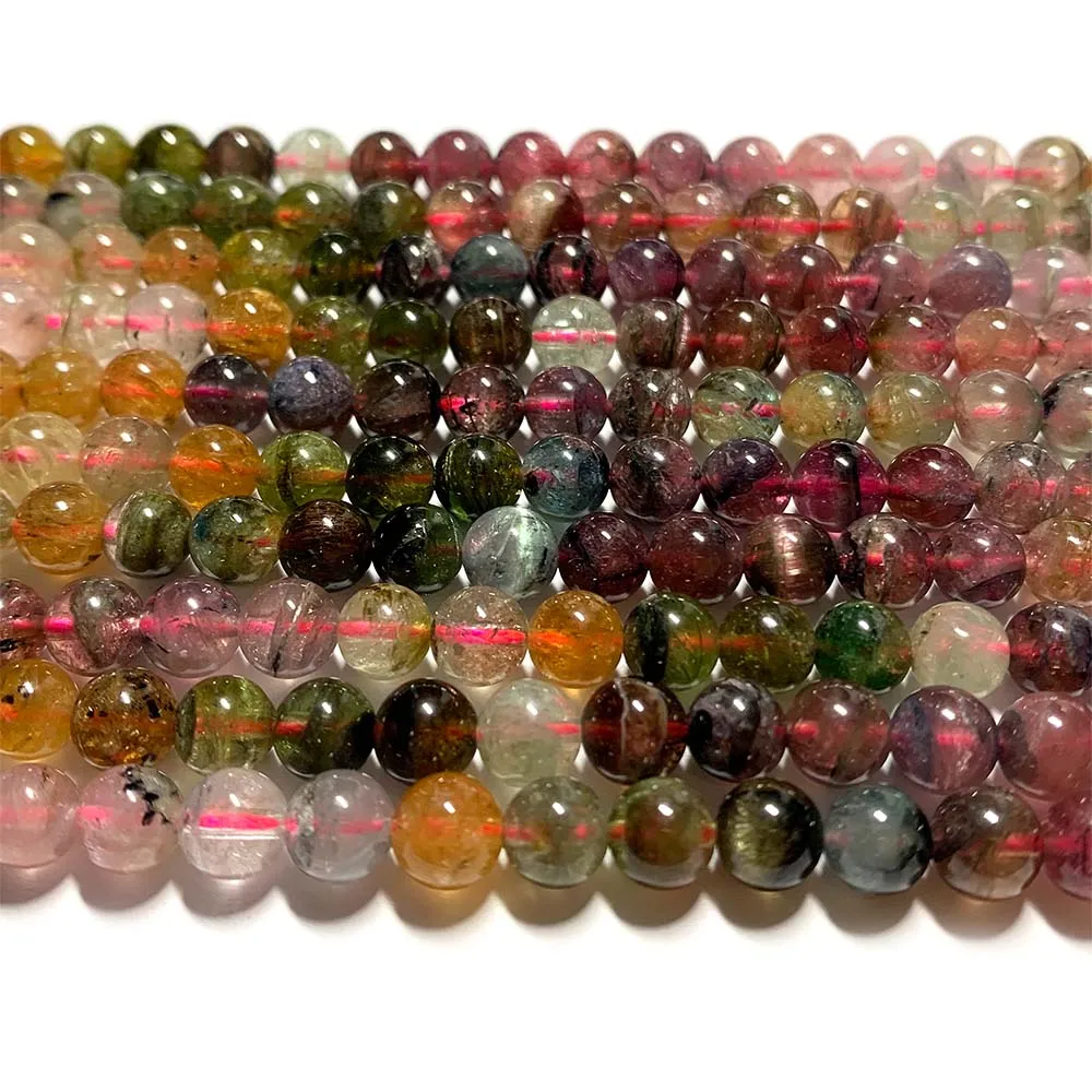 Veemake Natural Brazil Multicolour Tourmaline Round Pink Yellow Green Purple Beads 08524