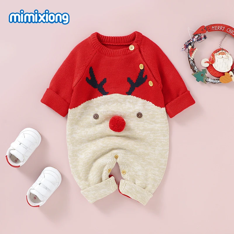 

Red Baby Christmas Rompers for Newborn Boys Girls Reindeer Knit Jumpsuits Winter Full Sleeves Infant Unisex Playsuits One Pieces
