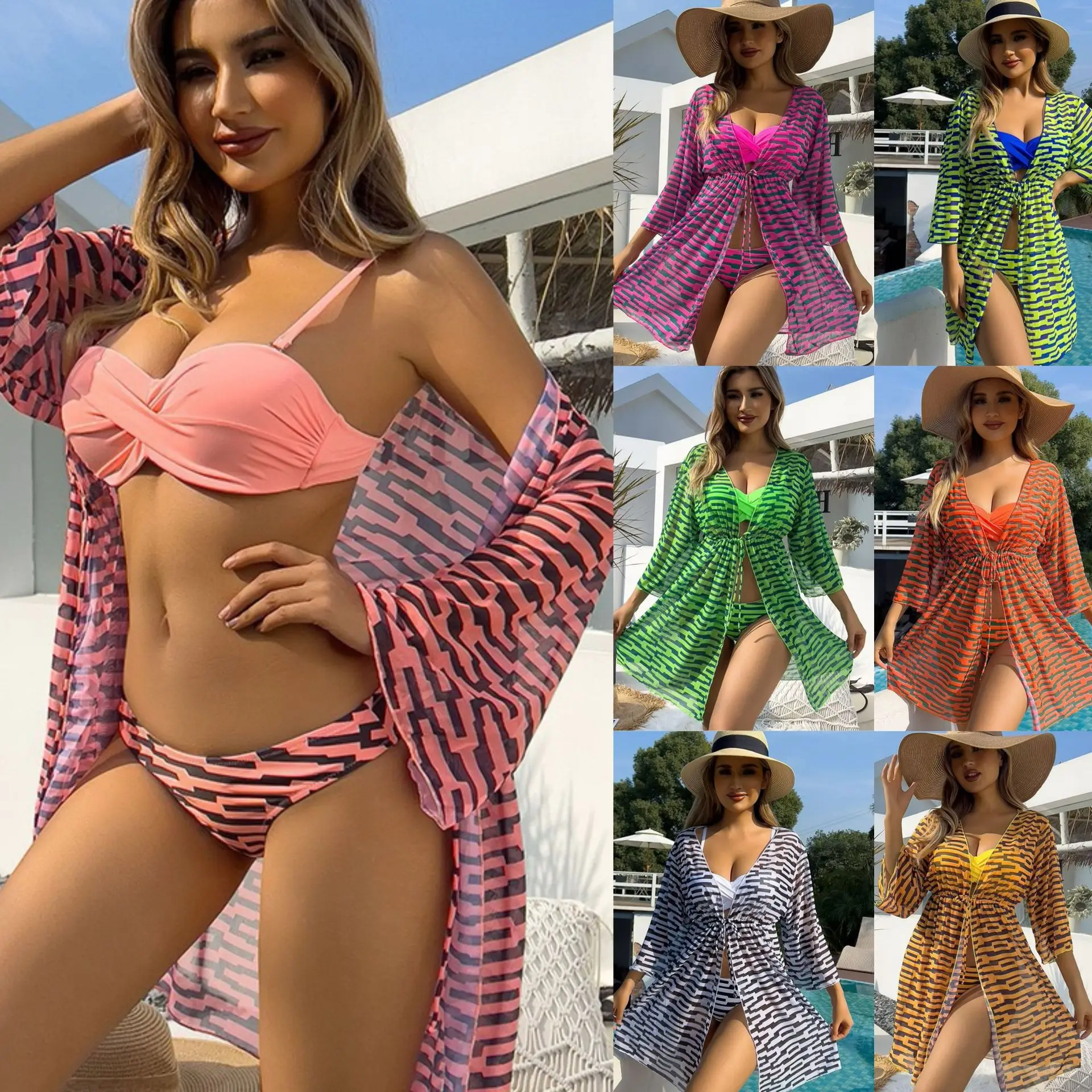 

2025 new Langqi European and American mesh three-piece swimsuit women's digital printing screw bag sunscreen