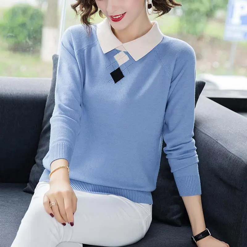 Women Clothing Korean Fashion Contrast Color Elegant Chic Knitted Sweater Autumn Polo Collar Long Sleeve All Match Pullover Tops