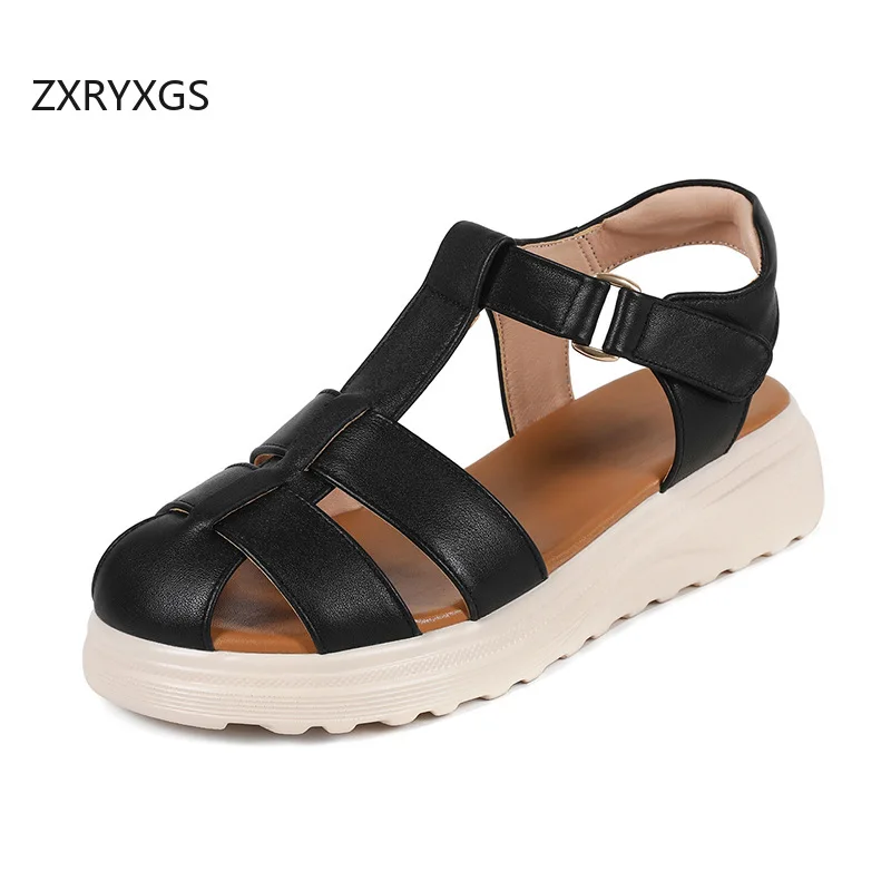 

ZXRYXGS 2026 New Trendy Summer Round Toe Hollow Genuine Leather Sandals Comfortable Elegant Women's Wedges Sandals Plus Size 43