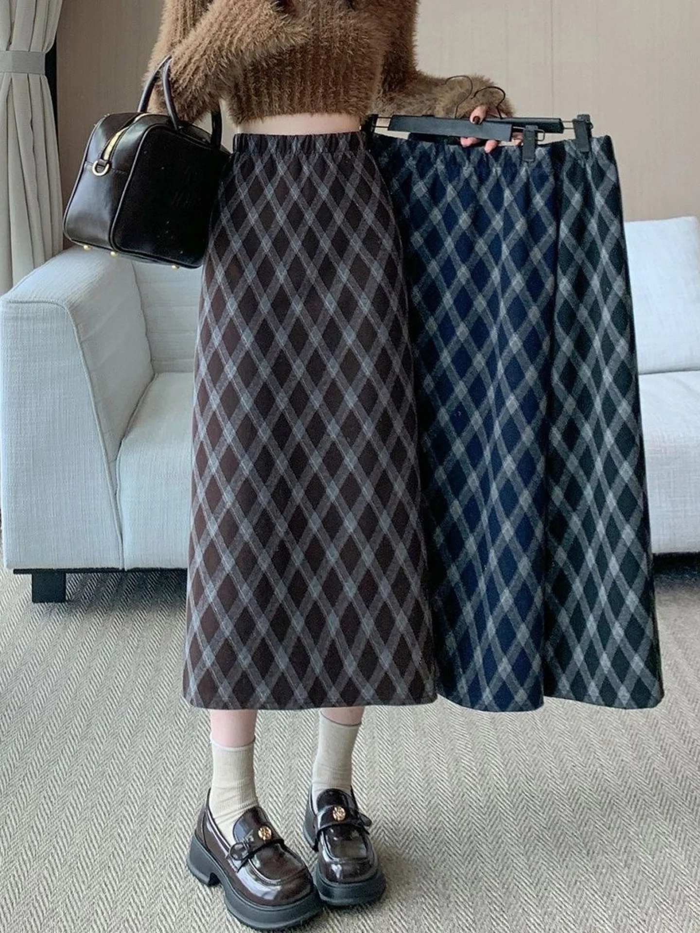 American Retro Fashion Plaid Woolen  Skirt Women's Autumn New All-Match Slim A-Line Midi Skirt Simple High Waist Design