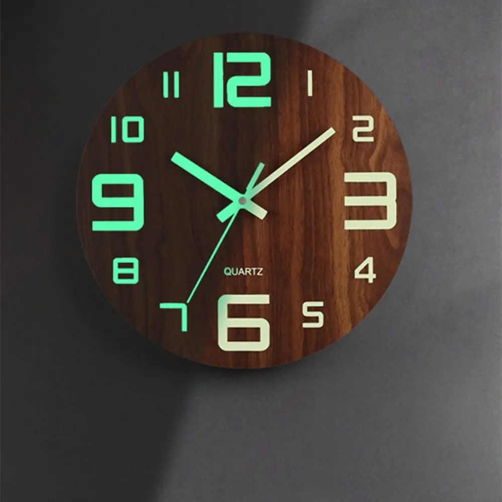 

Modern Design 12 Inch Luminous Wall Clock Wood Grain Nordic Style Digital Clock Fashion Non Ticking Quartz Wall Clock Bedroom