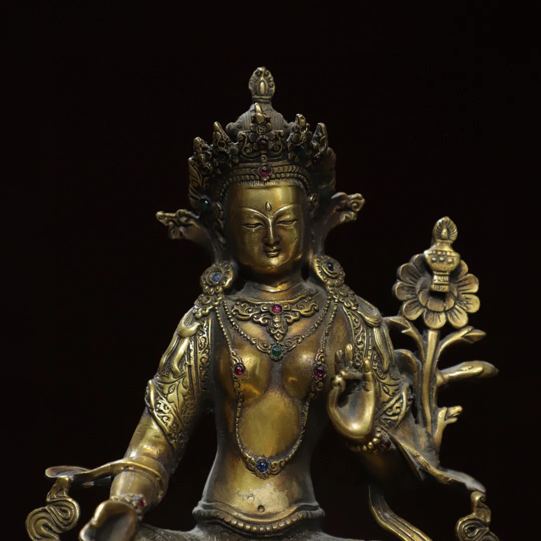 Tibetan old bronze ware Brass inlaid with gemstones Guanyin Bodhisattva Green Tara statue ornament Home Buddhist Hall supplies S