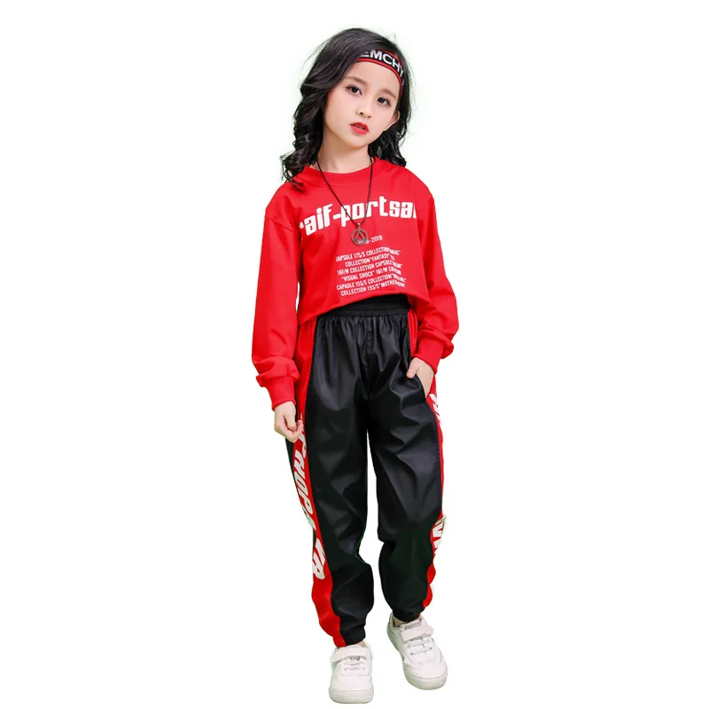 女の子のためのダンスコスチューム、子供のためのジョガーパンツ、ジャズダンス服、kpopヒップホップウェア、クロップトップ、長袖Tシャツ、ストリートウェア