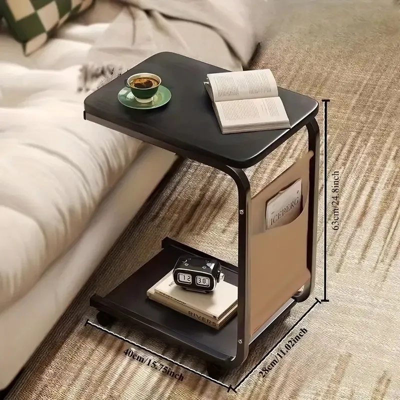 1 Stück brauner rollender Beistelltisch mit Aufbewahrungstasche – Massivholztisch, C-förmiger Schreibtisch für Sofa und Nachttisch, Metallrahmen-Funktionstisch