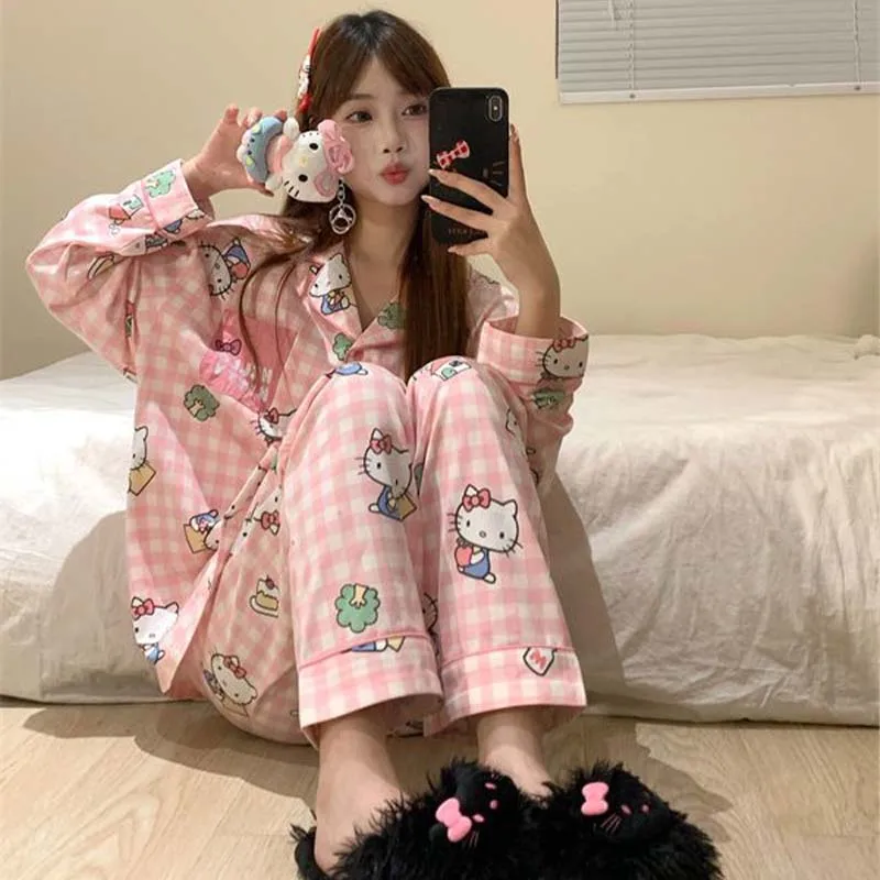Pyjama imprimé dessin animé Sanrios Hello Kittys pour femme, vêtements de détente, Cardigan à manches longues, vêtements de maison, ensemble deux pièces, automne et printemps