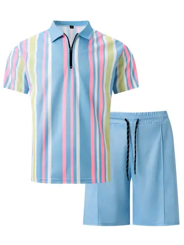 Sommar Ny Stil Herr Casual Och Fräsch Randig Kortärmad Polotröja Herrkläder Casual 2 Delade Sportkläder Set 10 best sales polotröja - №6