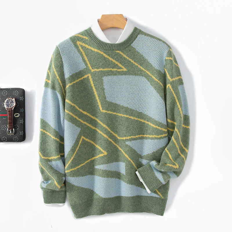 

Autumn Winter Wool Men's Round Neck Color Matching Sweater Thickened Jacquard Business Casual Cashmere Knitted Bottoming Shirt