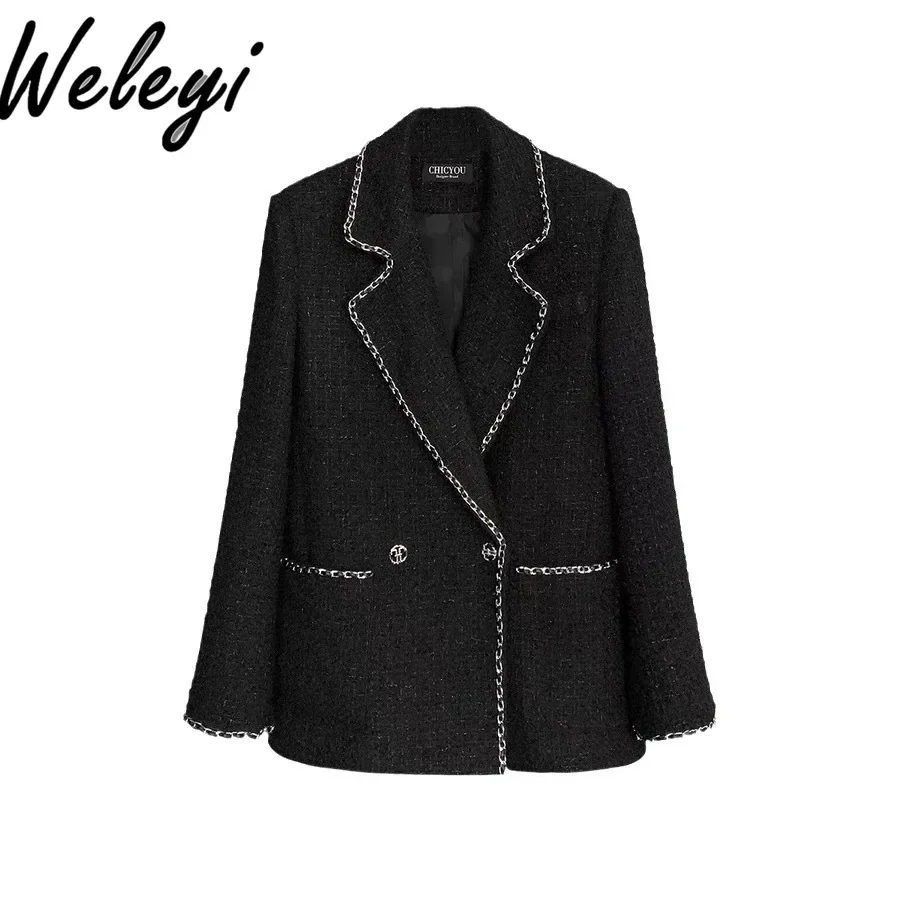 Black Chain Padded Thickened Blazer Femme 2024 Autumn and Winter New Office Black Suits Elegant Fur Tweed Blazer Coat Women