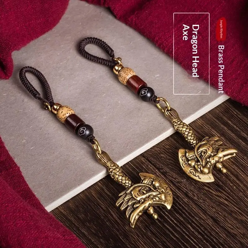 Punk-Messing-Drachenkopf-Axt-Schlüsselanhänger, Glücksbringer, Auto-Schlüsselring, handgefertigtes Seil, Vintage-Geschenk für Männer und Frauen – Detail 1