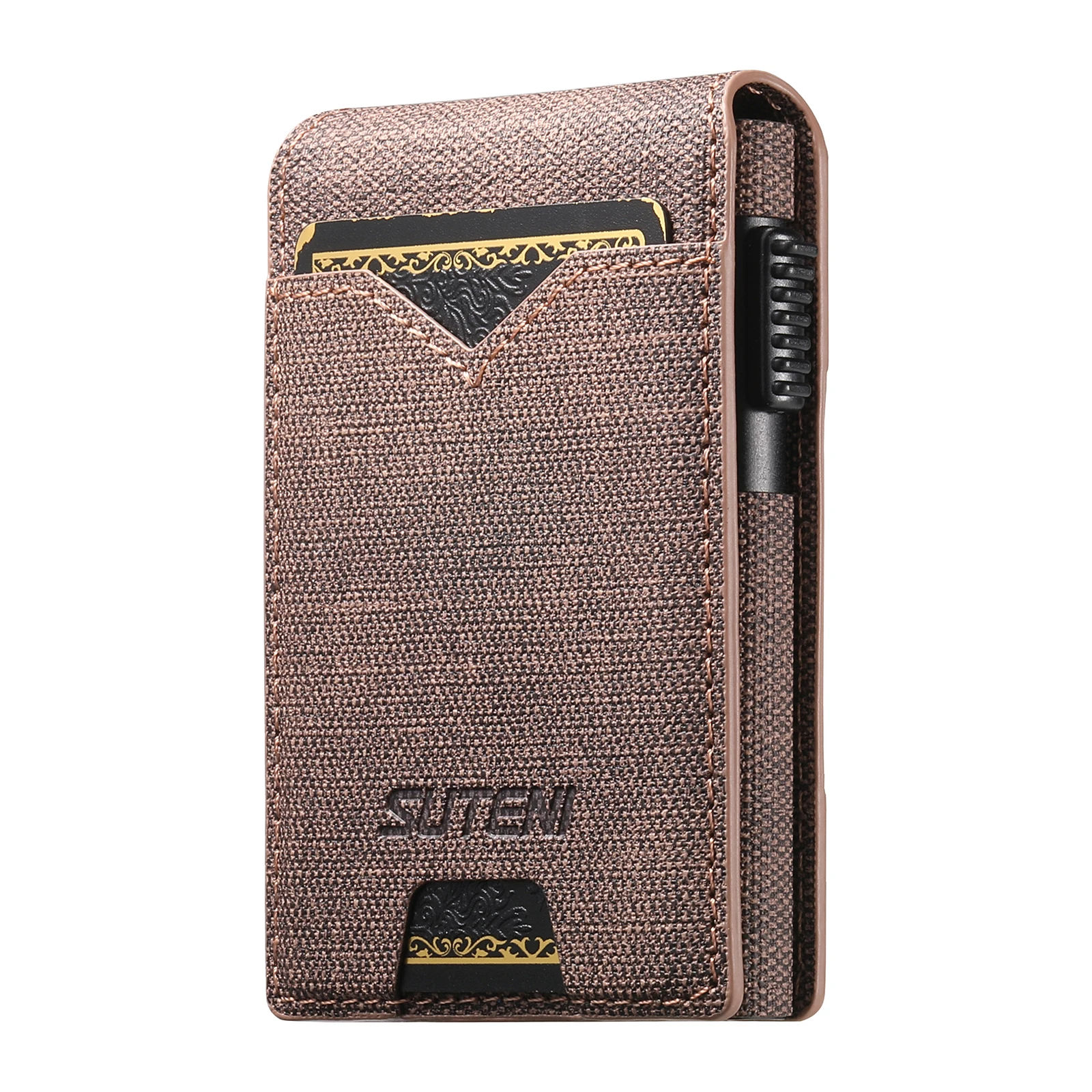 SUTENI Kunstleder für Herren, Geldbörse, Kartensteckplatz, Geldbörse, Flip-Cover, Kartenbox, drückt den Knopf automatisch die Karte aus – Detail 30