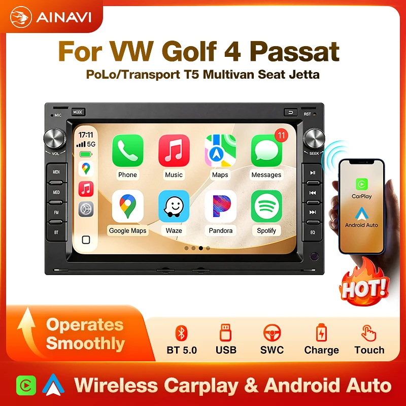 AINAVI 7 pouces 2 Din autoradio sans fil Carplay pour VW Golf 4 Jetta MK4 Passat B5 Multivan T5 Polo 4 Seat Leon Skoda EOS Android Auto IPS écran tactile multimédia automobile SWC FM BT 5.0