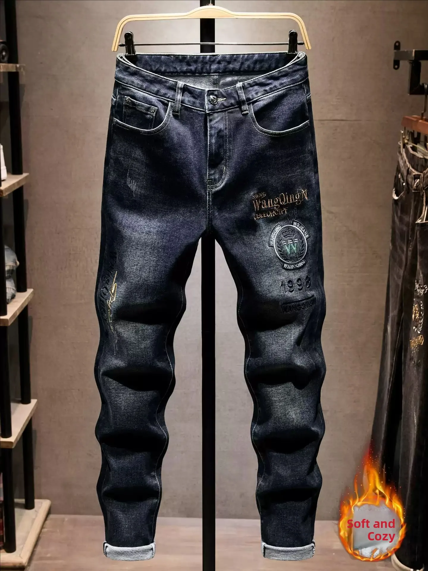 

Hong Kong Euro High-End Embroidered Fleece Lined Slim Fit Bootcut Jeans Men's Trendy Brand Personality Elastic Thickened Winter