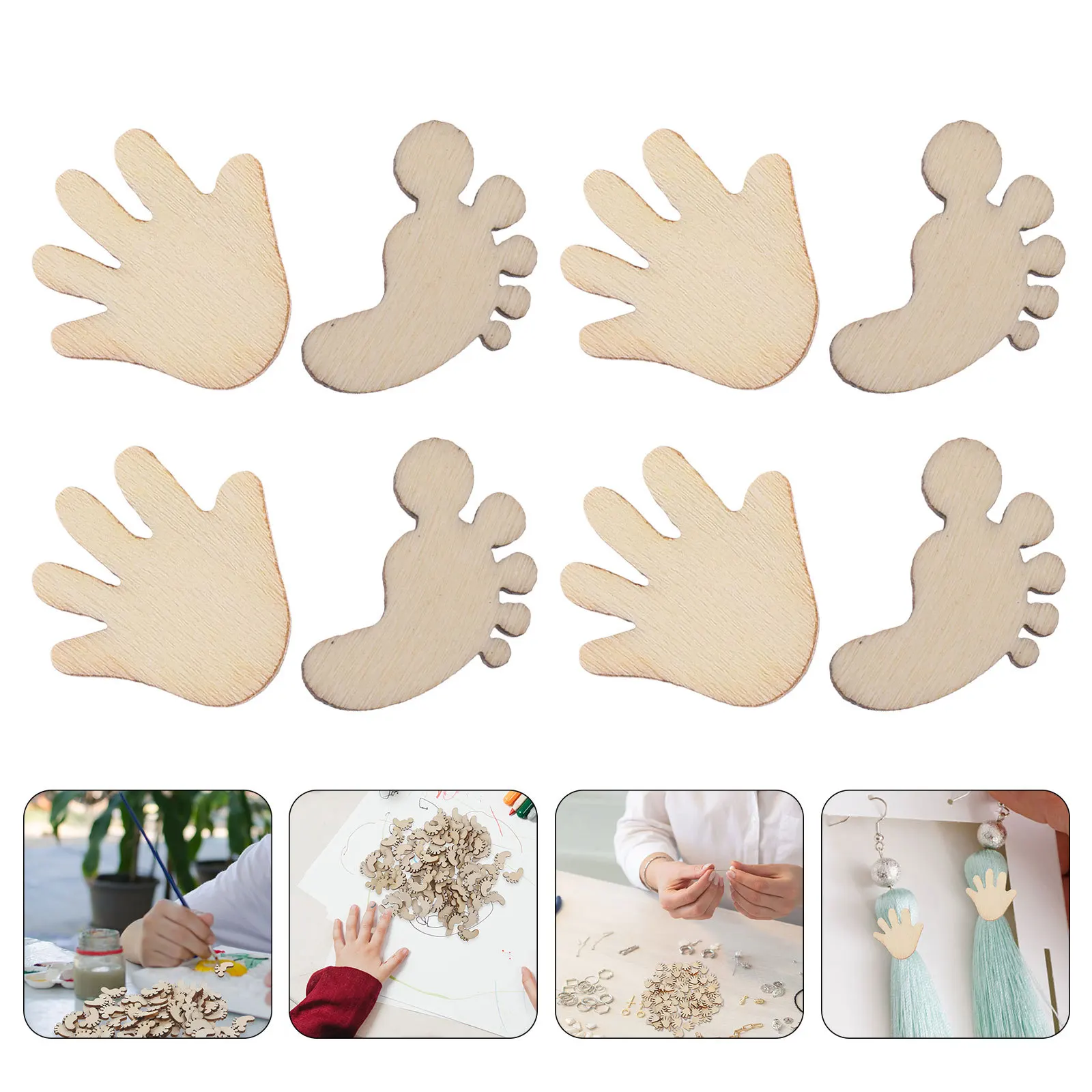 

200Pcs DIY Wood Craft Cutouts Hand Foot Designs Smooth Safe Unfinished Pieces for Preschool Classroom Projects Handmade Decor