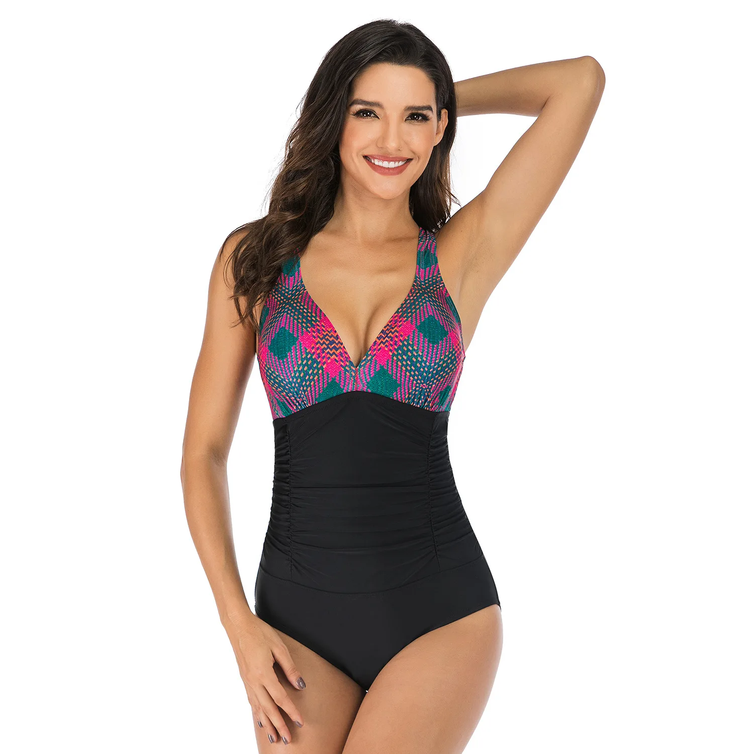 Traje de baño Spot para mujer, traje de baño de una pieza con estampado de cuadros rojo rosa, traje de baño de una pieza conservador Sexy con estampado de medio cuerpo para mujer