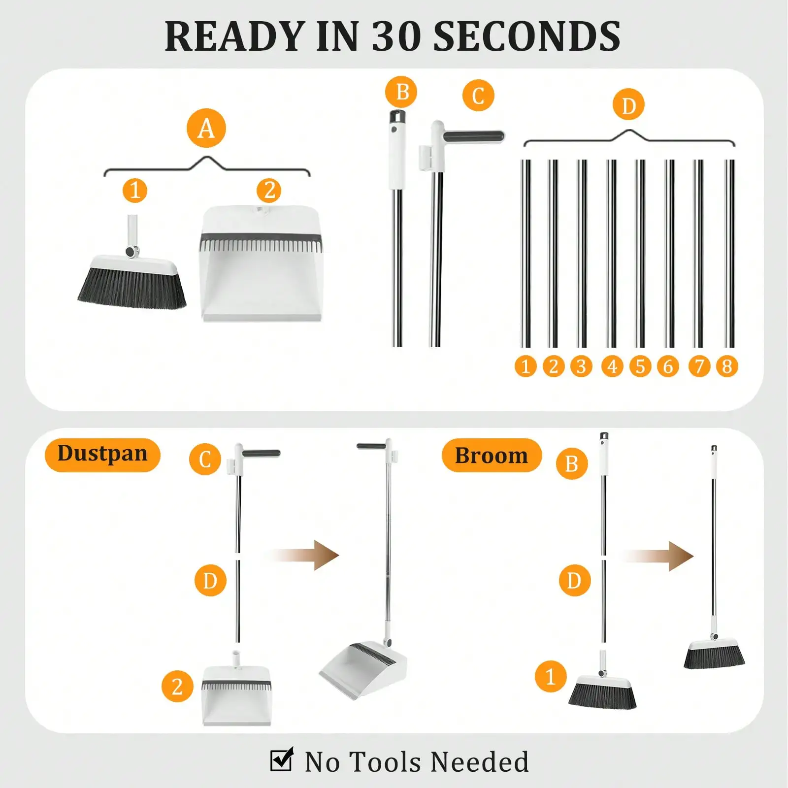 Upright Broom And Dustpan Set For Home Cleaning, Long Handle Sweeping Brush With Built-In Comb Teeth, Space Saving Standing Dustpan Kit