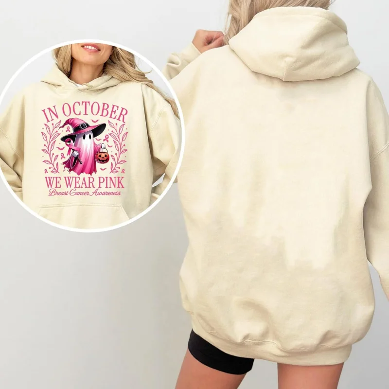 In October We Wear Pink Breast Cancer Awareness Hoodie Halloween Hoodies Women Ghost Sweatshirt