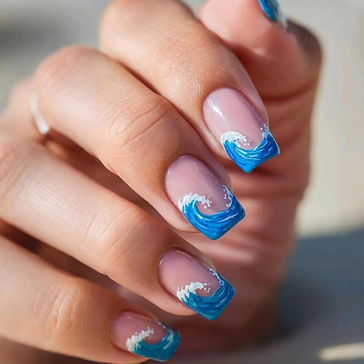 Summer Press on Nails Short Square Ocean Fake Nails with Glue Full Cover Summer Ocean Waves  Acrylic Nails for Women DIY Manicur