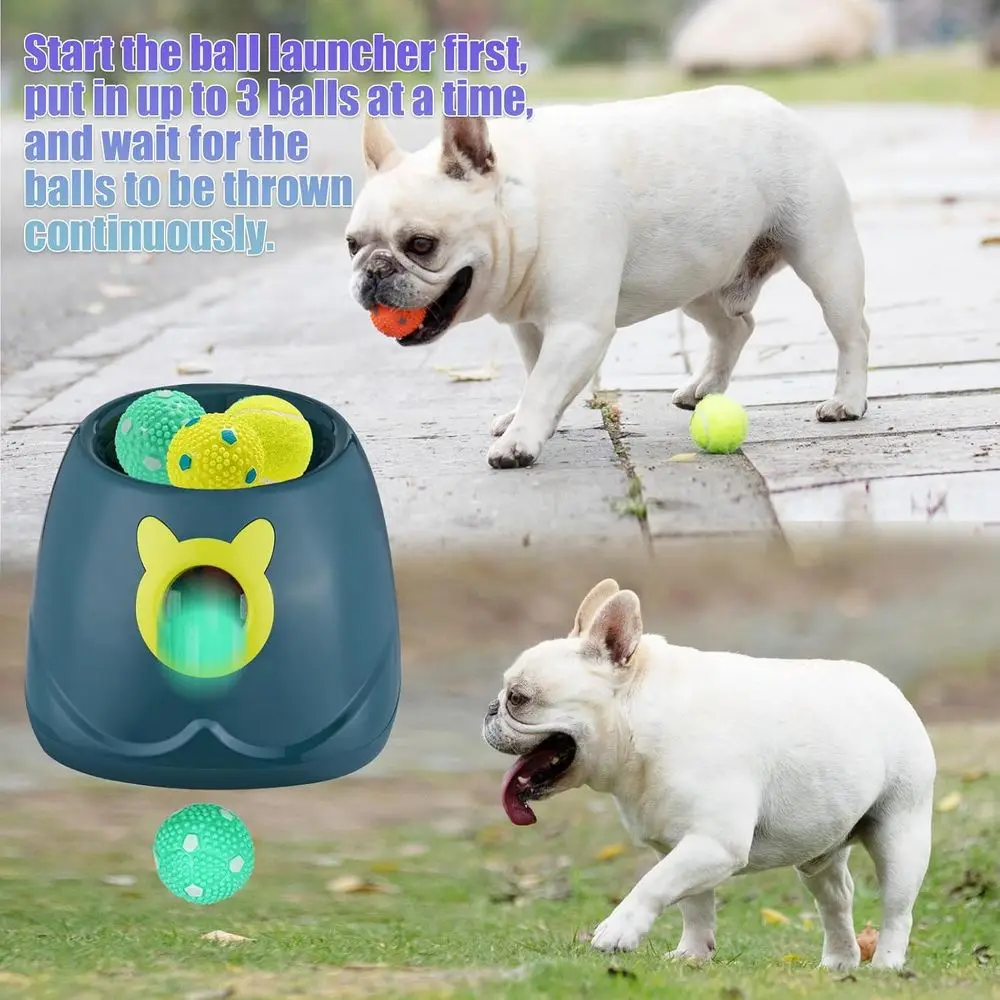 Lançador automático de bolas para cães com distância ajustável para cães e filhotes pequenos, auto-jogando com 10 bolas de 2 polegadas